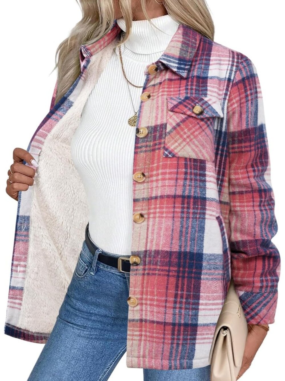 Women's Pink Sherpa Fleece Lined Winter Plaid Flannel Jacket With Pocket